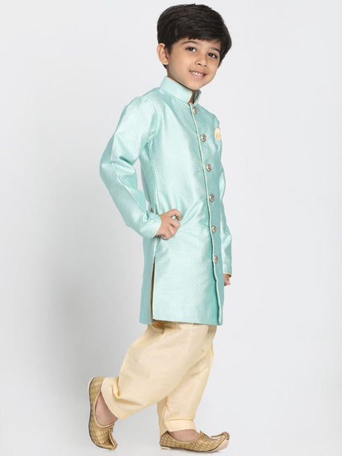 Vastramay Boys' Mint Green Jute Silk Blend Sherwani Set